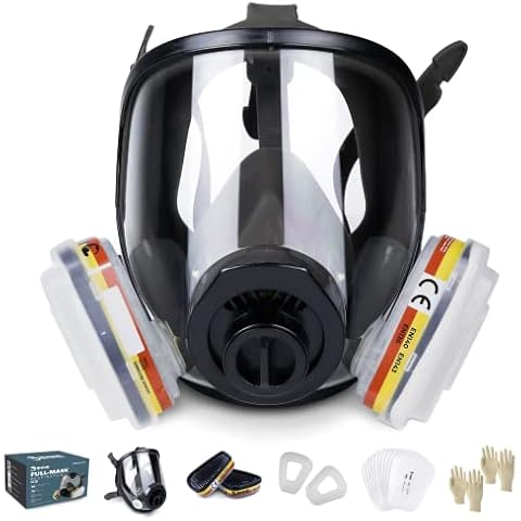 Vollmaske Atemschutzmaske Wiederverwendbar mit Filter (RH-7011) Für Organische Dämpfe, Saure Gase, Begasung, Farbe, Staub | Gesichtsschutz mit 10 Ersatzfiltern, Schutzbrille und Handschuhen Cover