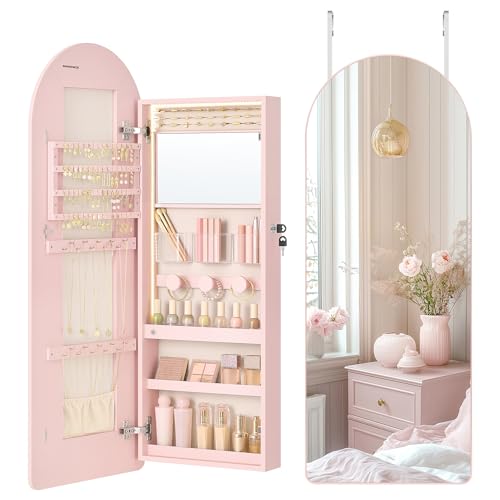 Image of SONGMICS Wide Jewelry Organizer, LED Jewelry Cabinet Wall /Door Mounted, Arched Mirror with Storage, Lockable, Rounded Corner, Interior Mirror, 3.9 x 16.5 x 42.5 Inches, Jelly Pink UJJC020SA01S