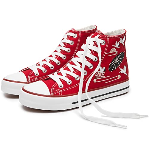 Hash Bubbie Women's High Top Sneakers Classic High Tops Canvas Shoes For Women Lace Up Tennis Shoes Fashion Canvas Sneakers Casual Shoes For Walking（Red Embroidery.us11） #TOP23