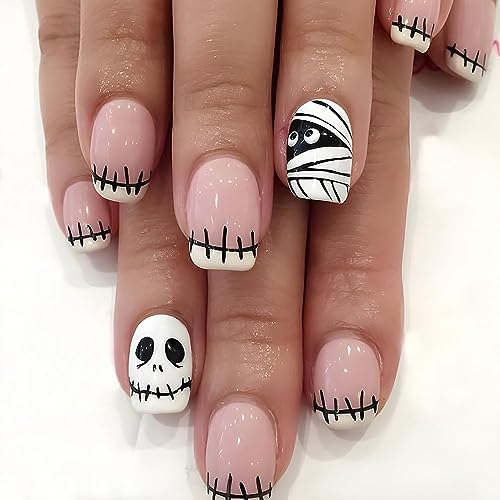 Halloween Press on Nails Short, French Tip Fake Nails with Cute S...