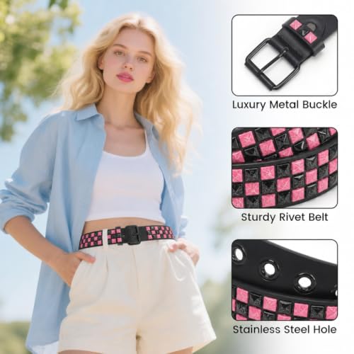 Image of Studded Belt, Metal Punk Rock Rivet Belt with Bright Pyramid Studded for Women Men
