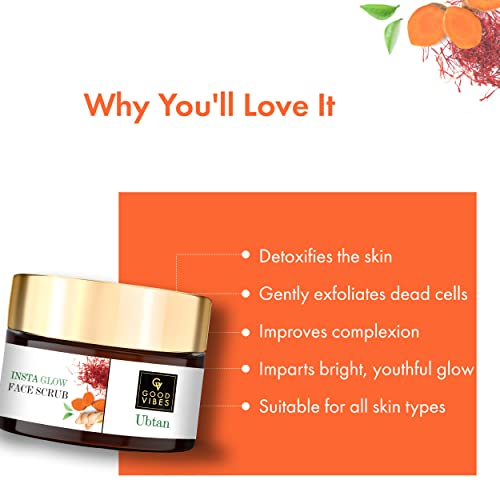 Image of Good Vibes Ubtan Insta Glow Face Scrub, 50 g | Brightening, Detoxifying & Nourishing Gentle Exfoliator For All Skin Types | With Turmeric, Saffron, Vitamin B3 | No Parabens, Sulphates & Mineral Oil