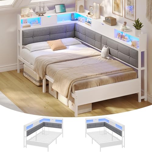 AOGLLATI Bett 90x200 mit 6 Staufächern Jugendbett 90x200 mit LED-Beleuchtung Kinderbett Polsterbett Schlafsofa mit Steckdosen Gästebett Tagesbett mit Lattenrost aus Metall (Weiß, 90x200cm)