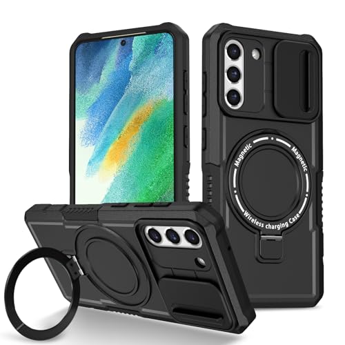 Yarxiawin Phone Case for Samsung S21 FE 5g with Ring Stand Magnetic Black fits Wireless Charger, Camera Lens Protector Cover for Samsung Galaxy S21 FE Case Shockproof Anti-Slip (Black)