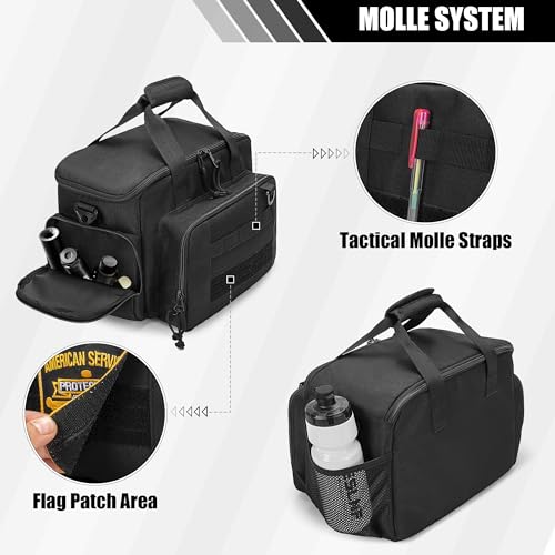 GOBUROS Taktische Schießstandtasche für 2 Handfeuerwaffen und Munition, Pistolentasche mit 12 Magazinfächern, Waffentragetasche mit abschließbaren Reißverschlüssen und gepolstertem Schultergurt
