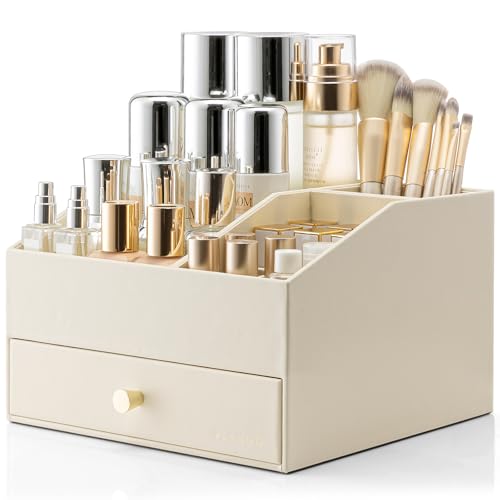 Vlando Make-Up Organiser with 2 Drawers, Dressing Table Organiser, Cosmetic Organiser, Makeup Organiser for Bathroom, Dresser Skincare, Beige Vlando Make-Up Organiser with 2 Drawers, Dressing Table Organiser, Cosmetic Organiser, Makeup Organiser for Bathroom, Dresser Skincare, Beige