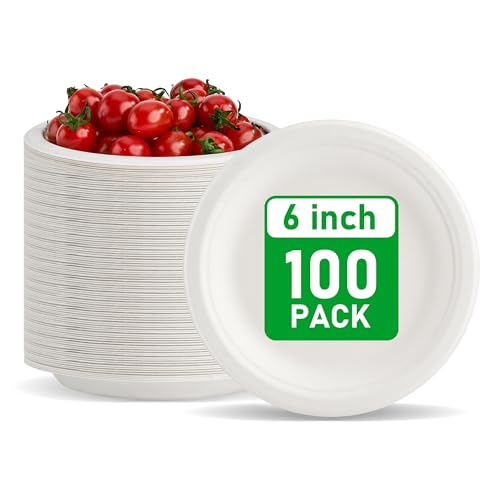 RACETOP Compostable Small Paper Plates 6 Inch [100 Pack] Dessert Plates Disposable Biodegradable Heavy Duty Paper Plates Made of Natural Sugarcane Fibers Unbleached White Round