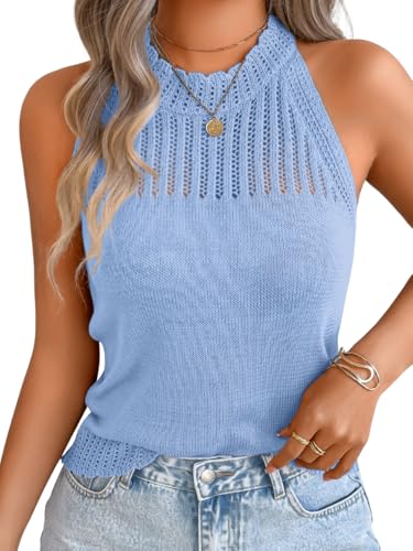 Image of ChiaoLezhee Women's Summer Knit Tank Tops, Racerback High Neck Lightweight Sweater Vest, Dressy Casual Outfits