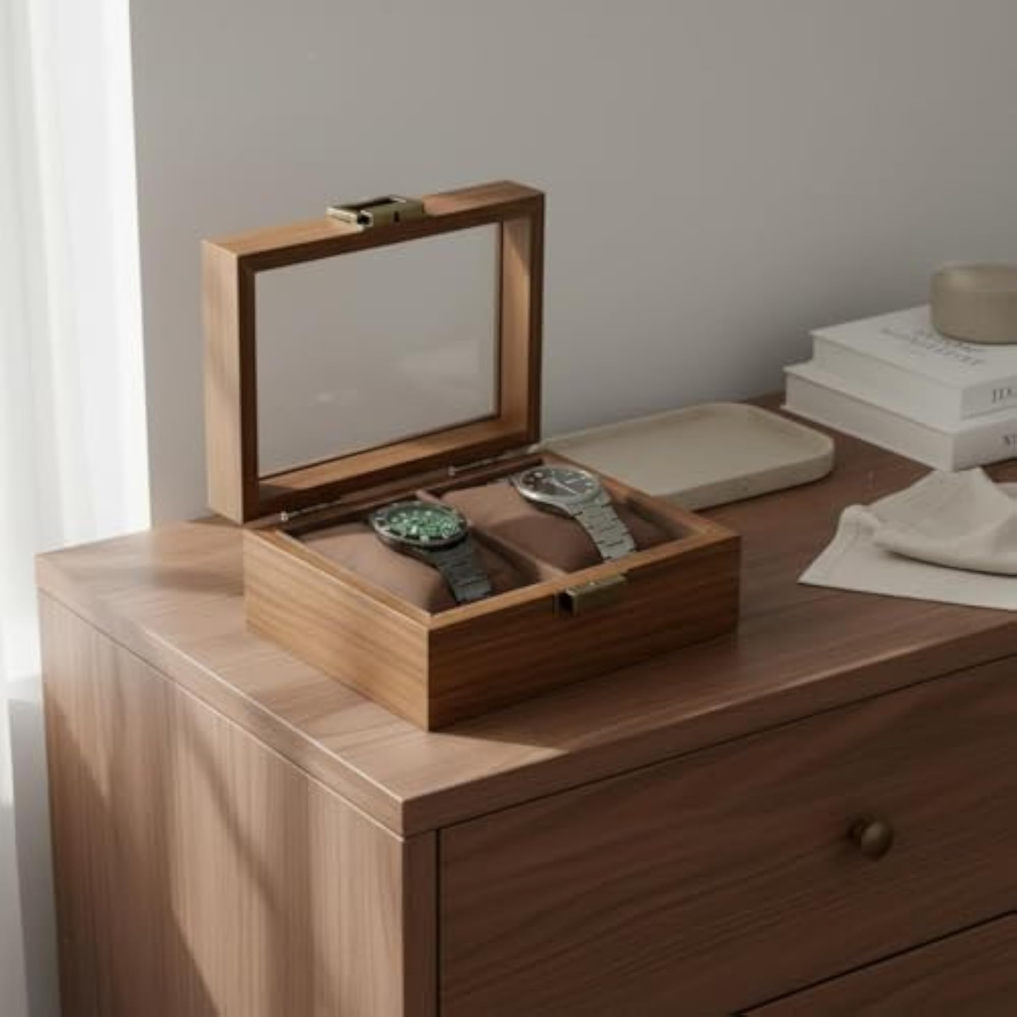 Padded Slots Wooden Watch Box, Glass Lid Organizer