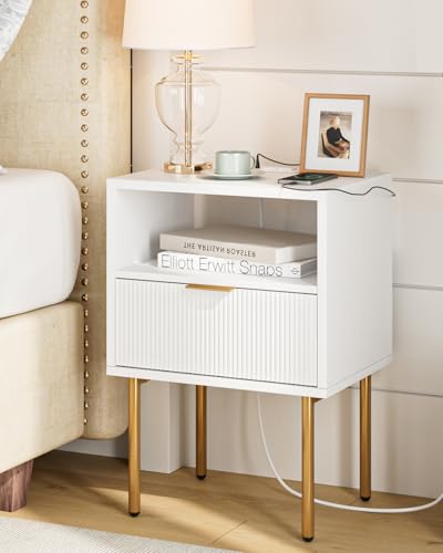 Masupu Nightstand with Charging Station,Mid-Century Modern Bedside Table with Storage Drawer and Open Wood Shelf,Small Gold Frame Side Table for Bedroom,Living Room (White)