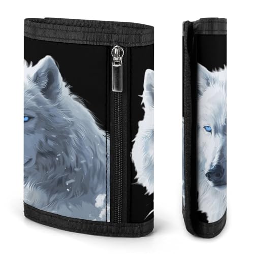 White Snow Wolf with Blue Eyes Trifold Wallet for Men Women Wallets with 8 Card Slot Photo Window Key Ring Zippered Pockets3