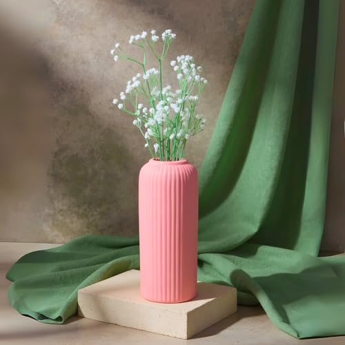 Image of KREATIVE ART'S Modern Ribbed Design Ceramic Flower Vase for Living Room, Flower Pots for Artificial Flower, Home Decoration Item, Home Decor, Vases for Living Room (Pink, Large)