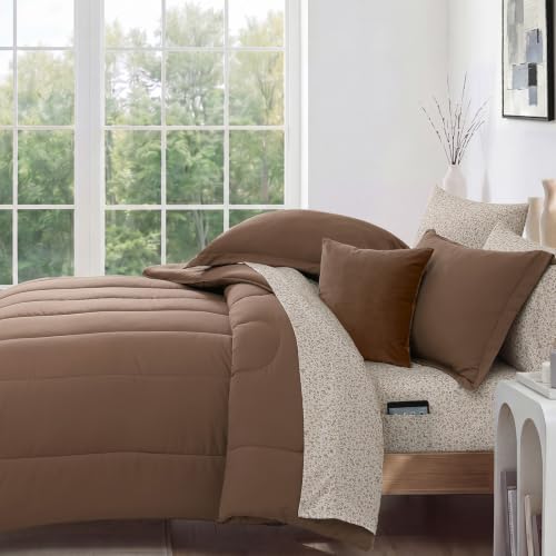 Image of Monbix King Size Comforter Set, 7 Pieces Soft Bed in a Bag King Bedding Set | All Season Brown Track Stitching Comforter with Printed Sheets, Pillowcases & Shams