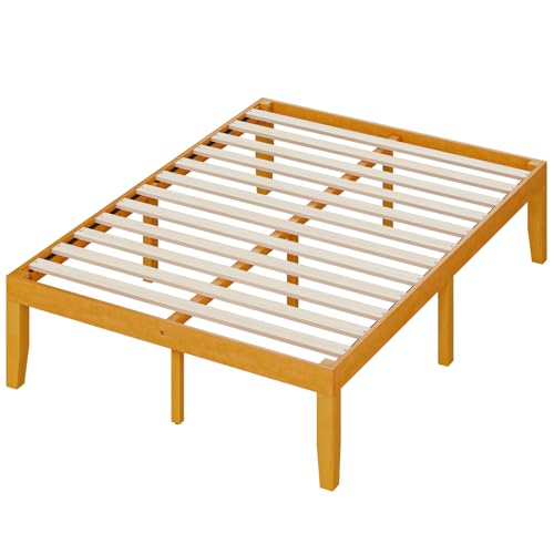 OLIXIS Full Size Bed Frame 16 in Heavy Duty Platform Bedframe Underbed Storage 700 LBS Capacity No Box Spring Needed Wooden Slats Easy Assembly Honey Finish