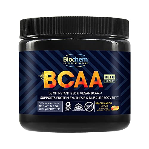 Biochem BCAA Powder Peach Mango 5g, 6.9oz, Certified Vegan, Certified Gluten Free, Keto Friendly