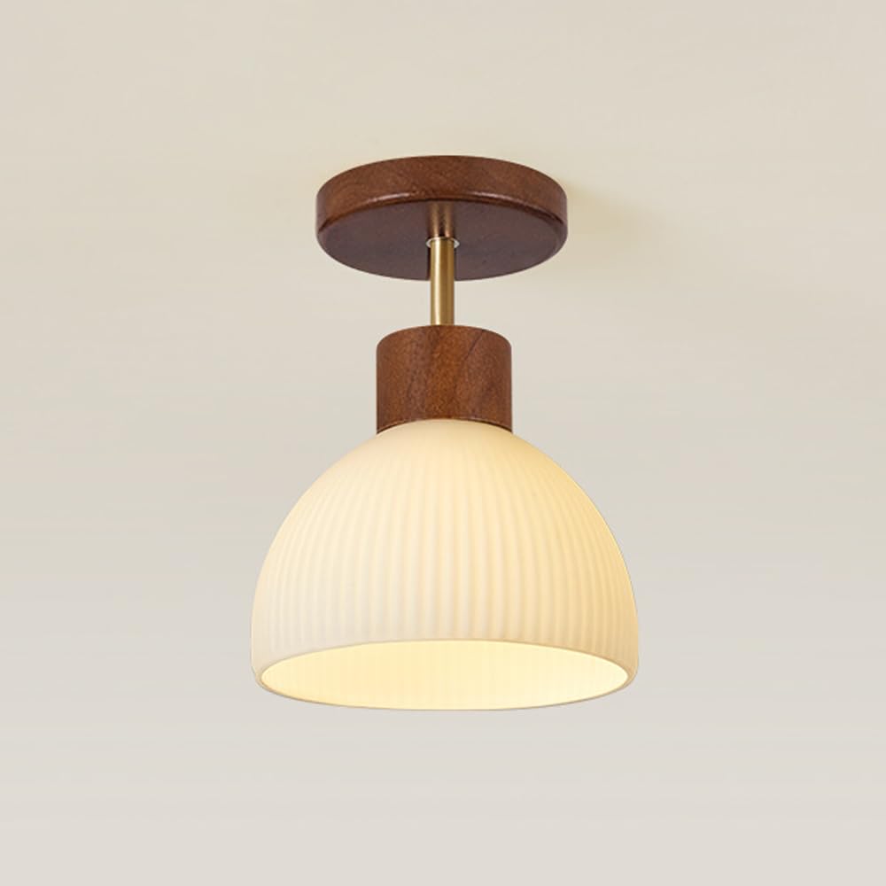 KLXSIVU Wood Semi Flush Mount Ceiling Light with Ribbed Glass Shade - Modern 7 Inch Chandelier for Entry Hallway, Stairway, and Balcony Close to Lamp E27 Hallway Fixtures