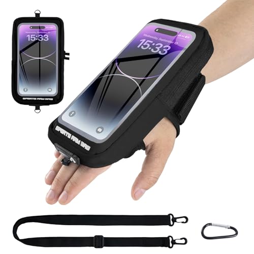 Brazalete Móvil Running , 4 en 1 Funda Brazo para Teléfonos hasta 6.8 Pulgadas iPhone 16/15/14 Pro Max Samsung Galaxy S24/S23/22, Portátil con Mosquetón para Correr, Senderismo, Deporte (Negro)