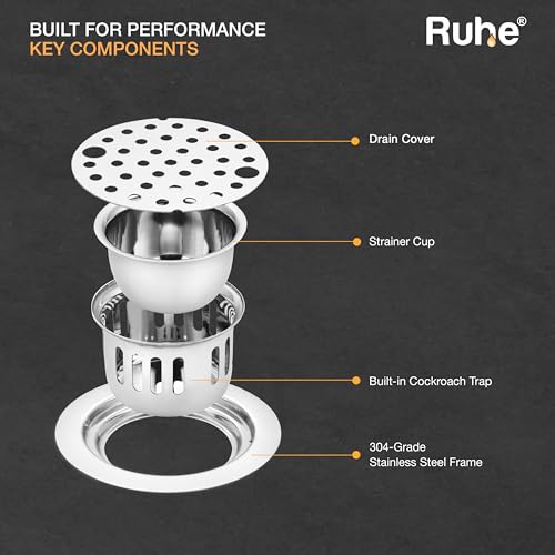 Image of Ruhe Round Floor Drain with Lock and Cockroach Trap (5 Inches) | 304-Grade Stainless Steel Floor Drainer