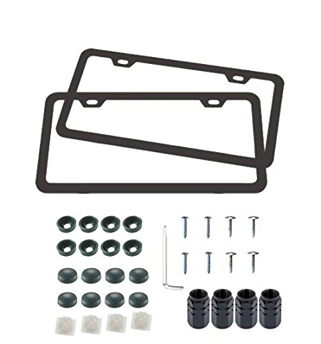 License Plate Frames - Automotive Aluminum Tag holders 2 hole kit, 2pcs Black Licenses Plates Frames with Screw Caps and Tire Stem Caps, Place on Any Car or Vehicle Fits All US License
