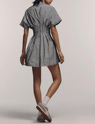 Women Summer Short Sleeve Button Front Pleated Shirt Dress Striped Collar V Neck Casual Y2k Swing Short Mini Dresses3