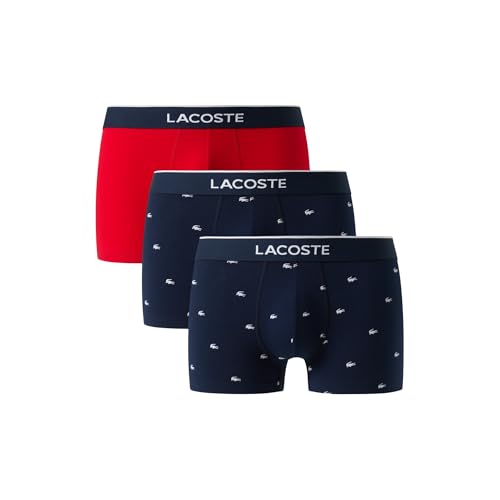 Lacoste Men's Cotton Stretch Mini Croc Print Trunks, 3-pack (Amazon Exclusives), Navy Blue/Navy Blue/Red, Medium