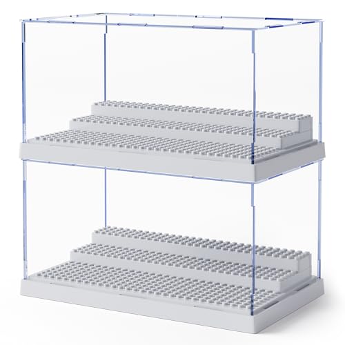 Image of Mlikero 2 Pack Display Case for Minifigures Action Figures Blocks, Clear Dustproof Acrylic Display Box Storage with 3 Movable Steps Gifts for Children,Gray