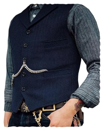 DREFEEL Mens Classic Wool Tweed Suit Vest Casual Sleeveless Jacket