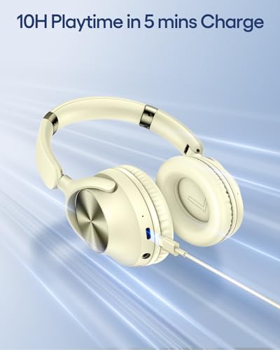 Image of TAGRY Hybrid Active Noise Cancelling Bluetooth Headphones 100H Playtime Wireless Over Ear Headphone with Fast Charging Hi-Res Audio Headsets Comfort Earcups for Commute Travel Office Phone PC Ivory