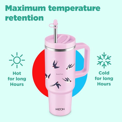 Image of MILTON Malmo 1200 Thermosteel Double Wall Vacuum Insulated Stainless Steel Tumbler with Handle 1100ml, Travel Mug with Straw,Silicon Cap,Cleaning Brush,Hot & Cold Beverage Flask,Birds Pink