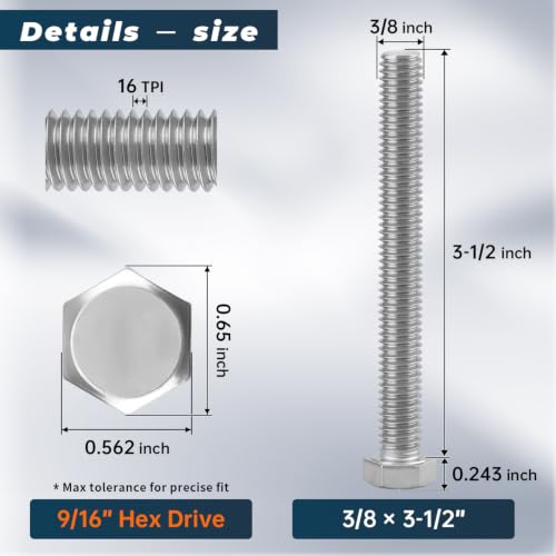 Image of 6 Sets Glvaner 3 /8-16 x 3-1 /2 inch Stainless Steel Hex Head Screws Bolts, Nuts, Flat & Lock Washers, 18-8 (304) Stainless Steel, Full Thread, Coarse Thread