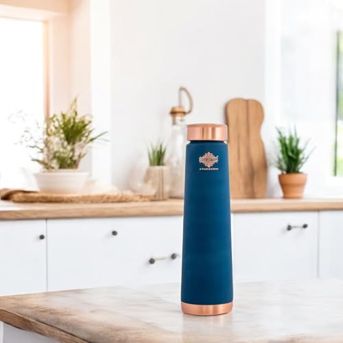 Image of INDIAN ART VILLA Pure Copper Peacock Blue Pyramid Ombre Silk Finish Bottle - 800 ML, Ayurvedic Health Benefits, Ideal for Home, Office, Gym & Travel