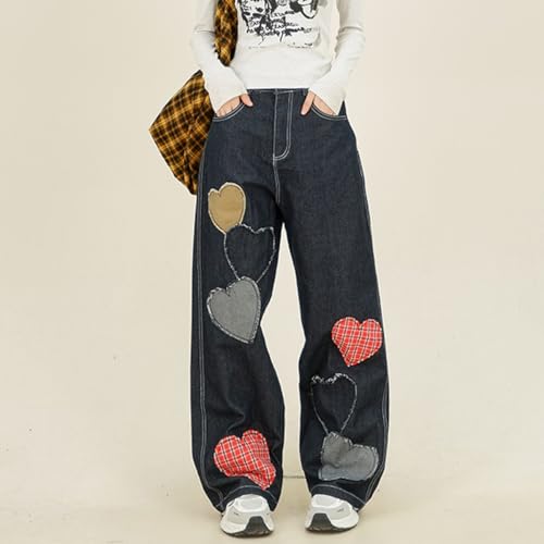 Womens Fashion Y2K Low Rise Wide Leg Jeans Vintage Casual Loose Straight Cute Heart Patch Denim Pants2