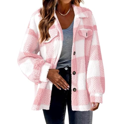 Women's Flannel Shirts 2025 Casual Loose Oversized Long Sleeve Lapel Button Down Fall Plaid Cardigan Shearling Jacket