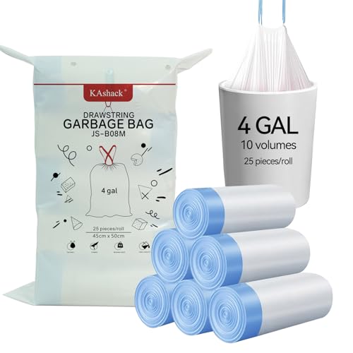Kashack Bolsas de basura de 15 l, 10 rollos, 250 unidades, con cordón, color blanco, para baño, cocina, dormitorio, oficina, 4 galones, resistente a desgarros, embalaje rápido