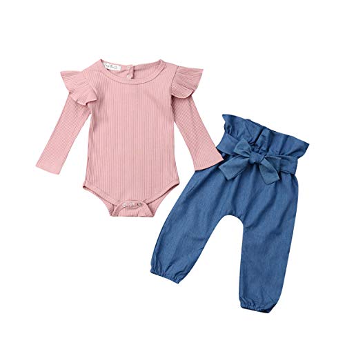 Image of Cutoluca Baby Girl Clothes Newborn Infant Long Sleeve Fly Ruffle Knitted Romper Tops Bowknot Denim Pants 2Pcs Outfit Sets (Pink, 12-18 Month)