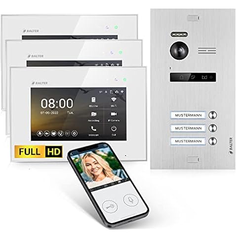 Balter EVO-HD Video Türsprechanlage, Video Türklingel mit Kamera, 3 familienhaus Klingel, Smartphone App, 3X 7 Zoll HD Monitor, Full HD-Kamera, 2 Draht Bus, Gegensprechanlage mit 175° Weitwinkel Cover