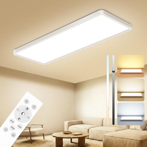 Peasur LED Deckenleuchte Flach 58x20cm 3500LM, Deckenlampe Dimmbar mit Fernbedienung 3000K-6500K, IP44 Küche Deckenleuchte Rechteckig LED Panel für Wohnzimmer Schlafzimmer Badezimmer Büro