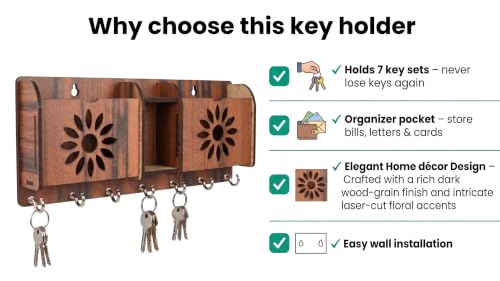 Image of Wall Mount Key Holder & Mail Organizer | Laser-Cut Key Hanger with 7 Metal Hooks, Letter Rack & Pen Stand | Wooden Wall Decor for Entryway, Living Room, Home & Office (Floral)