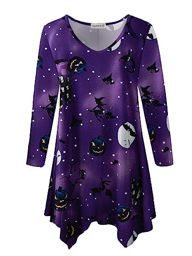 LARACE Plus Size Tops Casual Halloween Shirts for Womens 3/4 Sleeve Pumpkin Tunic V Neck Blouse for Leggings(Flower61 2X)