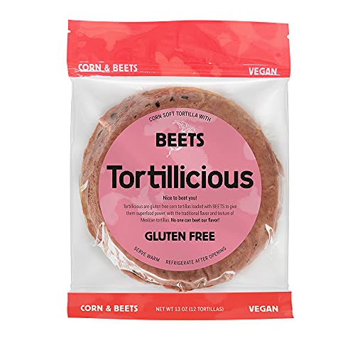 Tortillicious Corn and Beets Soft Tortillas, Vegan, Gluten Free baked with Superfood Beets, 65 Calories per Tortilla, Great for Street Tacos, Authentic Mexican flavor | Pack of 12 Tortillas, 6 inch, 13.93oz (393gr)