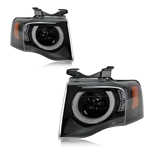 Black LED Halo Headlights Compatible with 2007-2014 Ford Expedition