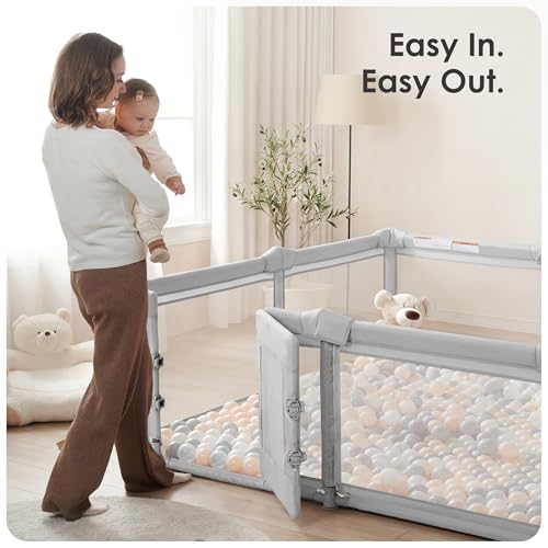 Image of Sweeby Foldable Baby Playpen, 79x71 Inch Baby Gate Playpens for Babies and Toddlers Extra Large Play Yard with Door Child Fence and Indoor Play Pen, Light Grey