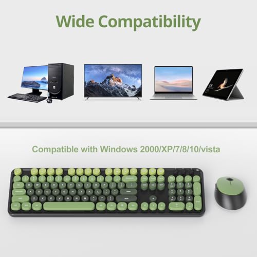 Image of Owpkeenthy Keyboard and Mouse Wireless, Cute Retro Full-Size Cordless Keyboard with Number Pad 2.4 GHz Wireless USB Receiver for Computer (Dark Green)