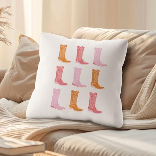 Pink Coquette Preppy Pillow Covers 18x18 Inch,Cowgirl Boots Decoration Throw Pillow Covers for Dorm Home Living Room Bedroom