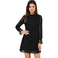 Allegra K Mini Vestido de Encaje Floral Elegante Formal con Cuello Redondo y Volantes para Mujer Negro S