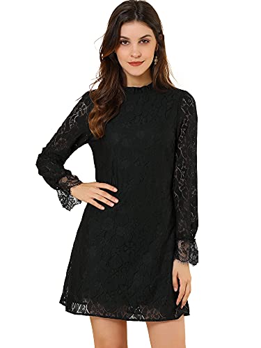 Allegra K Women's Cocktail Elegant Ruffle Crew Neck Floral Lace Shift Dress