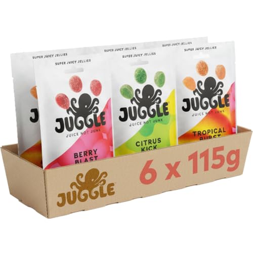 Juggle Super Juicy Jelly Sweets - Made with 100% Fruit Juice - 6 x 115G Vegan Sweets Multipack - Citrus Kick Berry Blast and Tropical Burst - Source of Fibre and Vitamin C - Gluten Free Treats