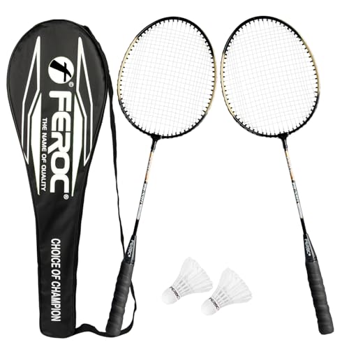 FEROC 2 Pieces Aluminium Badminton Racket with 3 Pieces Feather Shuttles with Full-Cover Set,Aluminum, Multicolor (Golden)