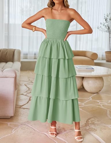 Image of ZESICA Women's Summer Boho Strapless Maxi Dress 2026 Casual Sleeveless Off Shoulder Smocked Tiered Beach Long Sundress