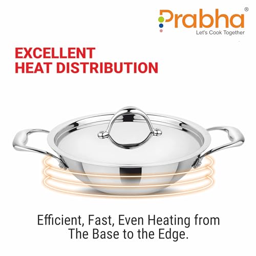 Image of Prabha Prima Kadhai Flat Bottom with Lid, Stainless Steel, Kitchen Kadhai, 18cm, 1.4L, Induction & Non Induction Base, 60 Months Warranty